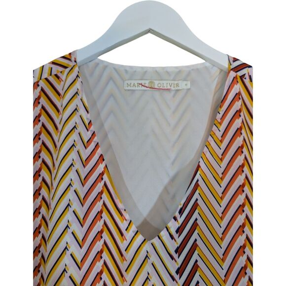 Marie Oliver Andi Silk shift dress Chevron stripe yellow orange white sz M - Picture 5 of 8
